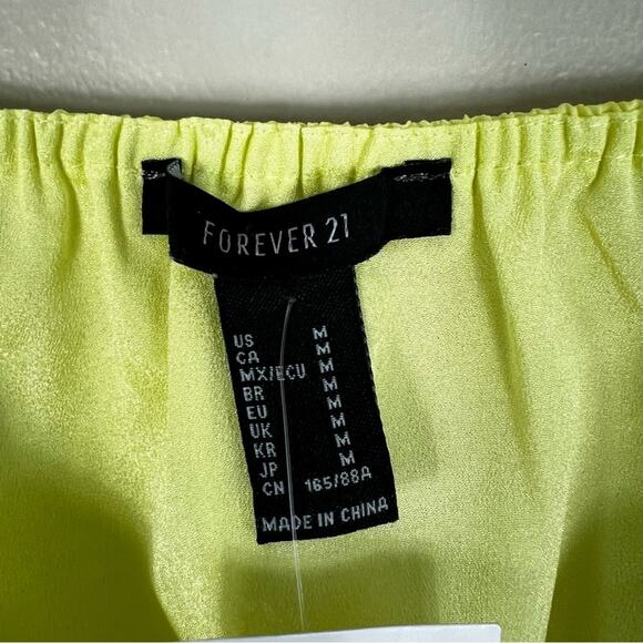 NWT Forever 21 Crop Top Womens S Neon Yellow Textured Puff Sleeve Milkmaid Boho - Picture 4 of 4